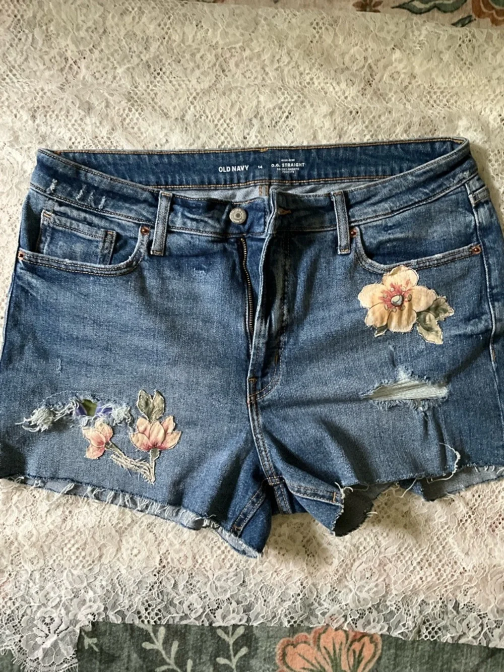 Straight Upcycled Floral Distressed Denim Shorts Size 14